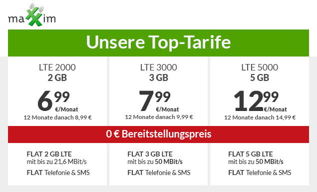 maXXim Handytarife ohne Bereitstellungsgebühr